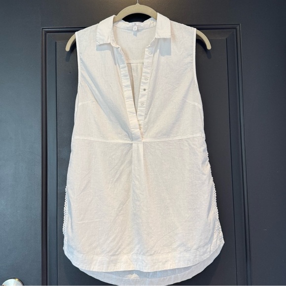 Camber & Grace White Collard Linen Blend Sleeveless Shirt Top w Side Slit - Picture 2 of 5